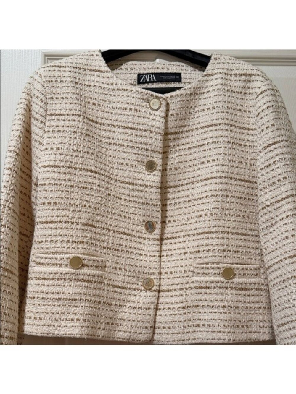 Zara Womens Textured Off-White Gold Button Tweed Jacket XL